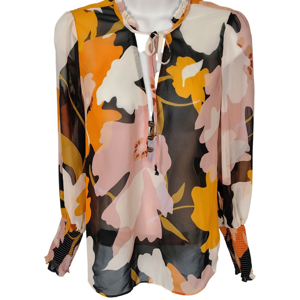 Marciano Guess Floral Sheer Blouse Smocked Cuffs Orange Pink‎ XS spring hippy